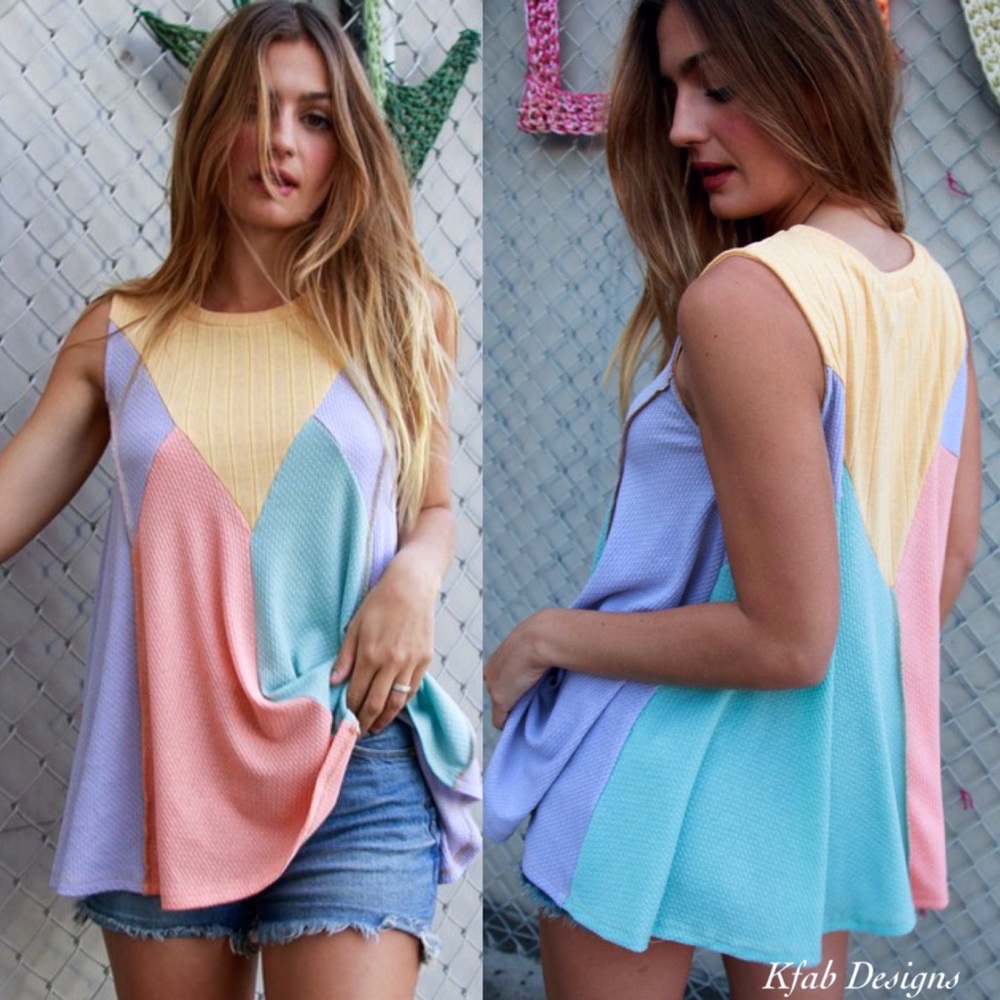 ❤️LAST! Multi Color Soft Color Block Waffle Knit Out-Seam Overlock Top! - Picture 3 of 8